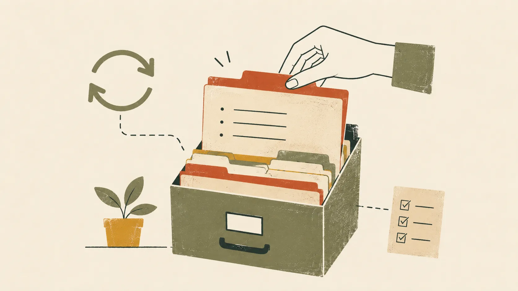 Illustration of developer documentation artifacts: an open guidebook, a compass, and labelled API, onboarding, and architecture cards.